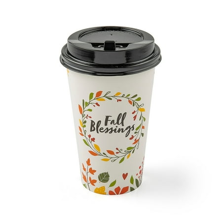 Fall Blessings Autumn Wreath Paper Coffee Cups with Lids - 12 Pieces
