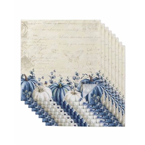 Fall Blue Cloth Napkins Set of 8 Reusable Dinner Napkins, Thanksgiving White Pumpkin Vintage Eucalyptus Cocktail Napkin Washable Table Napkins for Wedding/Holiday Party/Baby Shower 20"x20"