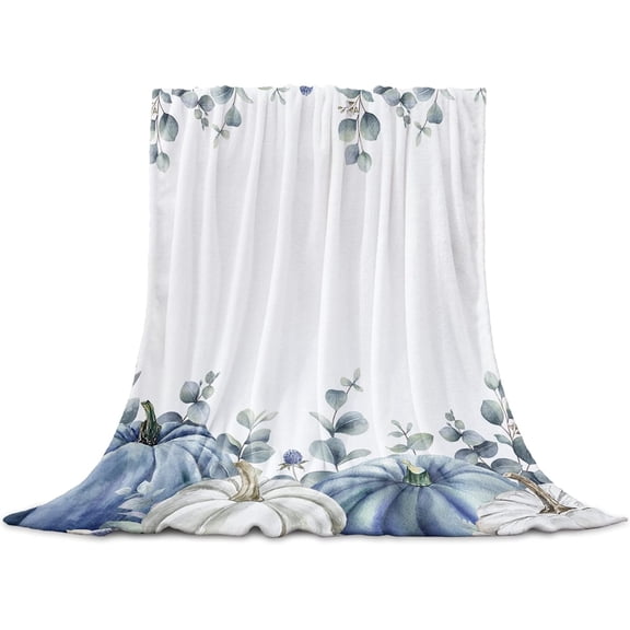 Fall Blue Grey Pumpkins Blanket Fleece Throw Blankets 50'' x 60'', Grey Pumpkin Thanksgiving Eucalyptus Leaves Super Soft Microfiber Warm Plush Cozy Luxury Bed Blankets All Season for Couch/Sofa/Gifts