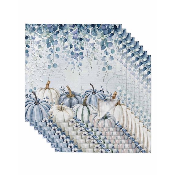 Fall Blue Grey Pumpkins Cloth Napkins Set of 8 Reusable Dinner Napkins, Thanksgiving Botanical Cocktail Napkin Washable Table Napkins for Wedding/Holiday Party/Baby Shower 20"x20"