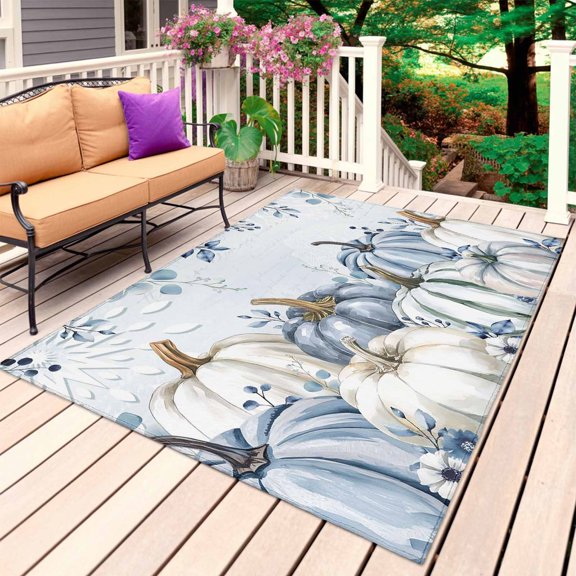 Fall Blue Grey Pumpkins Outdoor Rug for Patio/Deck/Porch, Non-Slip Large Area Rug 6 x 9 Ft, Thanksgiving Botanical Indoor Outdoor Rugs Washable Area Rugs, Reversible Camping Rug Carpet Runner