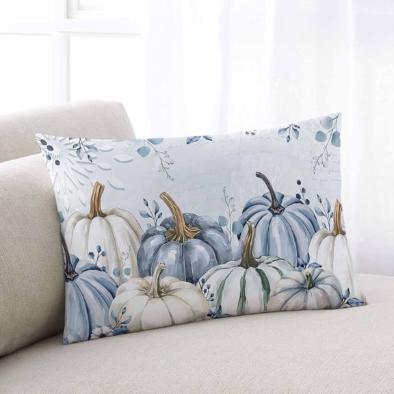 Fall Blue Grey Pumpkins Throw Pillow Covers, Thanksgiving Botanical Soft Breathable Pillow Cases with Invisible Zipper for Sleeping, Small Pillowcases for Couch Bed Sofa Chair 16x24 Inches