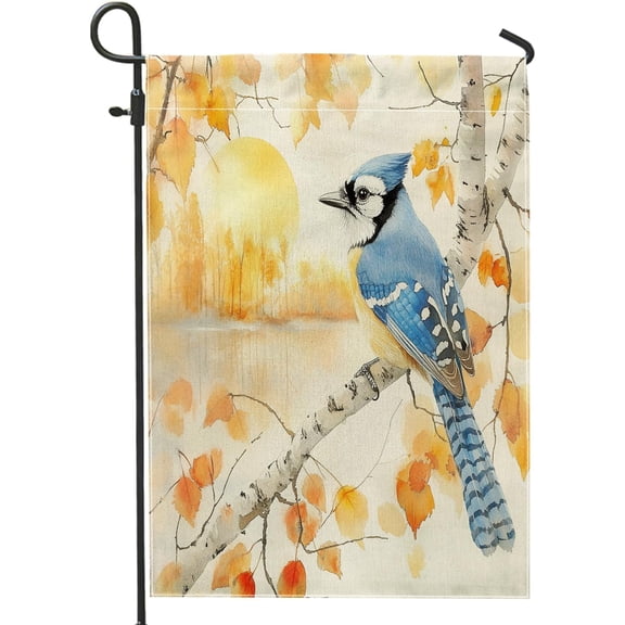 Fall Blue Jay Bird Garden Flags 12x18 Inch Double-Sided for Outside, Autumn Birch Tree Leaf Linen Burlap Lawn Flags, Country Backyard Small House Flags Outdoor Decor Decoration