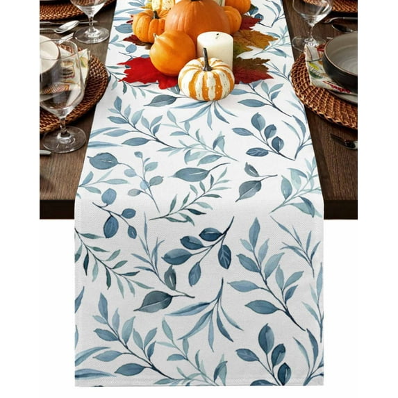 Fall Blue Leaves Table Runner-Cotton Linen- 120 Inch Holiday Dresser Scarves, Autumn Botanical Plant Watercolor Tablerunner for Kitchen Coffee/Dining Bedroom Living Room Dinner Scarf Décor 13x120