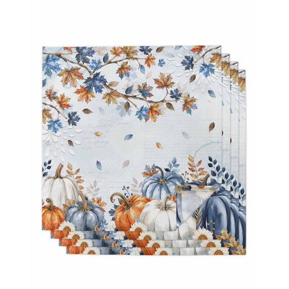 Fall Blue Maple Cloth Napkins Set of 4 Reusable Dinner Napkins, Thanksgiving Pumpkins Daisy Country Leaves Cocktail Napkin Washable Table Napkins for Wedding/Holiday Party/Baby Shower 20"x20"