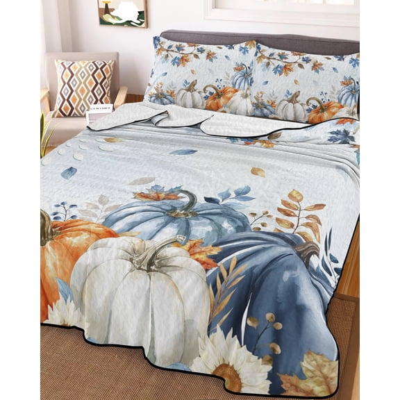 Fall Blue Maple King Size Down Alternative Comforter, Lightweight Comforter Quilt Bedding Set with Pillow Shams Thanksgiving Pumpkins Daisy Country Leaves Bed Comforter Duvet Insert 96"x106"