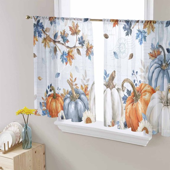 Fall Blue Maple Sheer Curtains 54 Inches Length 2 Panels Set, Window Sheer Curtains for Living Room/Bedroom, Thanksgiving Pumpkins Daisy Country Leaves Light Filtering Rod Pocket Curtain 52''x54''x2
