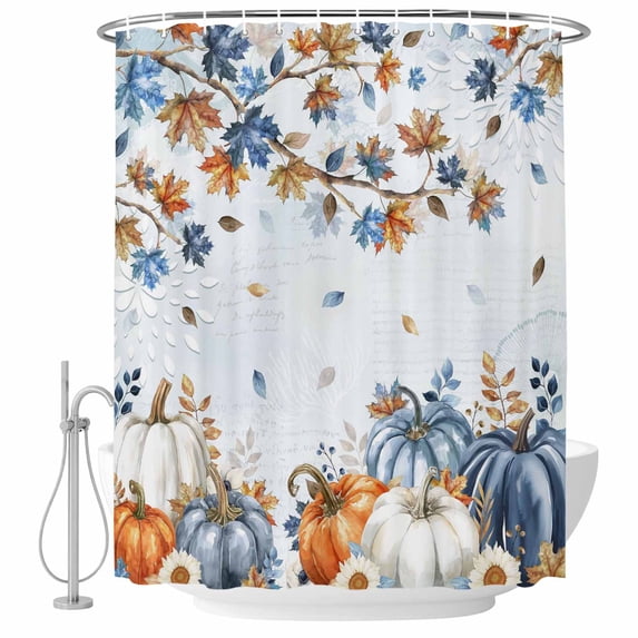 Fall Blue Maple Shower Curtain, Waterproof Shower Curtains for Bathroom, Thanksgiving Pumpkins Daisy Country Leaves Washable Fabric Bathtub Curtain Set Bath Decor with 12 Hooks Stall 36"x72"
