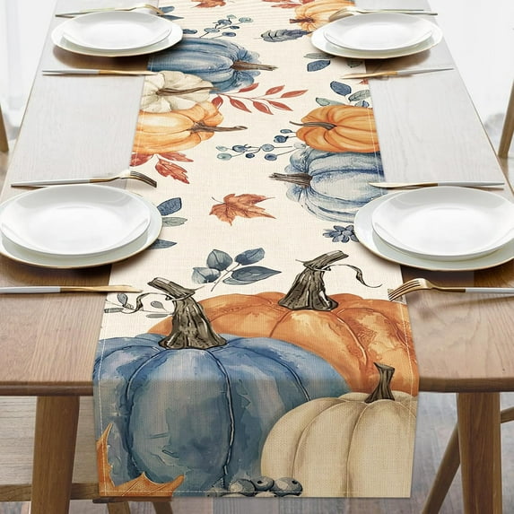 Fall Blue Orange Pumpkin Dining Table Runner, Autumn Thanksgiving Maple Leaves Burlap Kitchen Decoration, Seasonal Indoor Outdoor Home Decor Party Supply 13 x 36 Inches