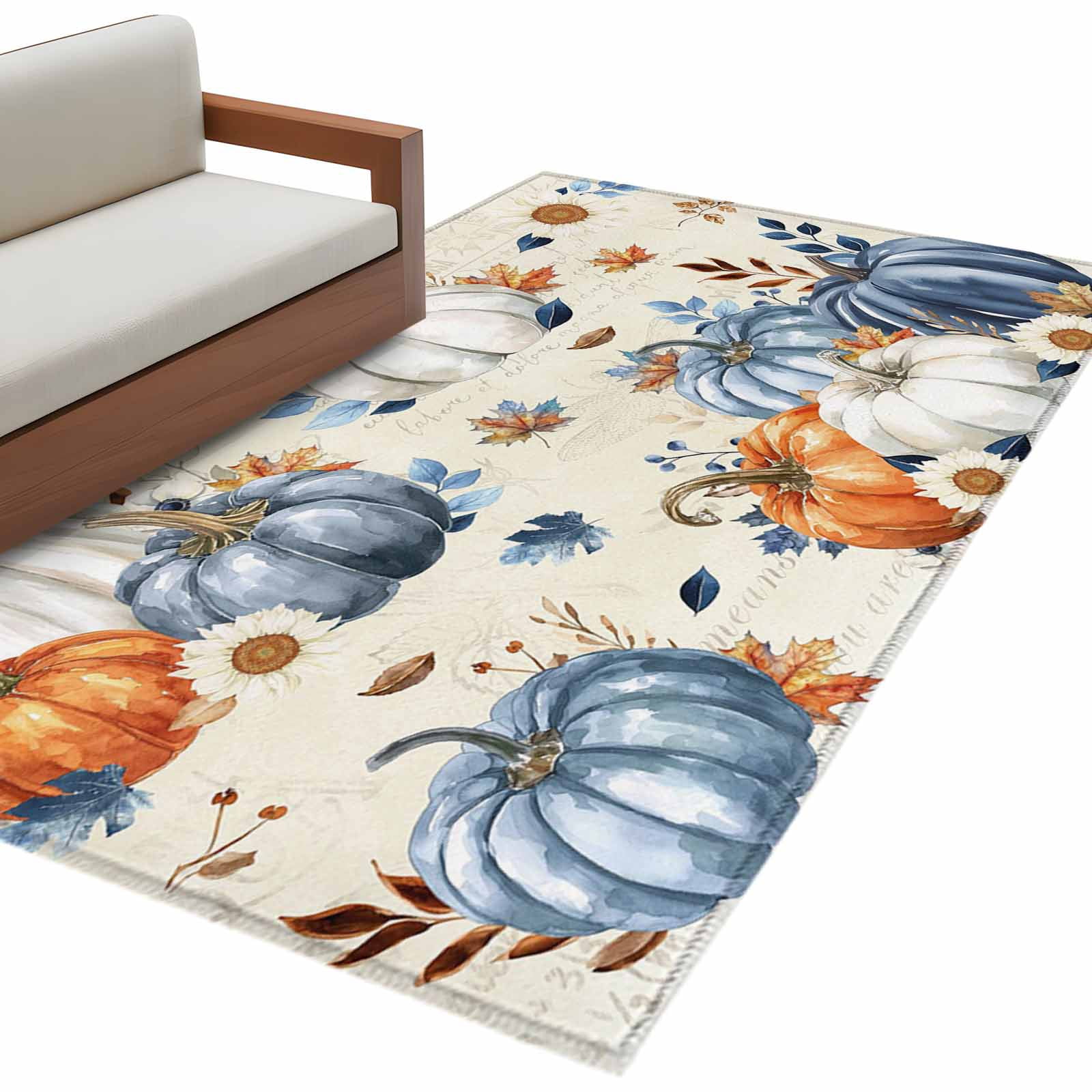 Fall Blue Pumpkin 3'x5' Washable Rug, Thanksgiving Autumn Daisy Beige ...