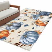 Fall Blue Pumpkin 3x5 Washable Rug, Thanksgiving Autumn Daisy Beige Vintage Non-Slip Area Rugs for Entryway Kitchen Classroom, Dorm Throw Carpet, Low Pile Soft Indoor Floor Mat