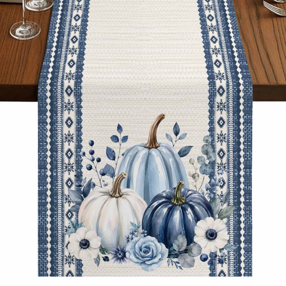 Fall Blue Pumpkin Burlap Cotton Table Runner 14x72 Inches Long, Thanksgiving Eucalyptus Rustic Floral Farmhouse Table Runners, Outdoor Dining Tablecloths Decor for Baby Shower/Party/Wedding