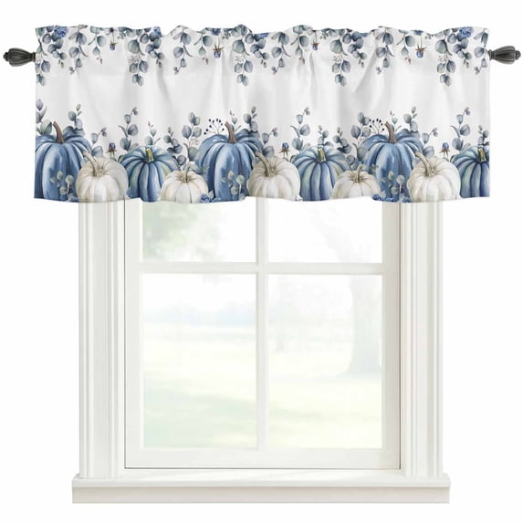 Fall Blue Pumpkin Farmhouse Short Window Curtain Valances, Thanksgiving White Eucalyptus Flower Rod Pocket Kitchen Valances for Living Room Bedroom Bathroom Cafe 54" x 18"