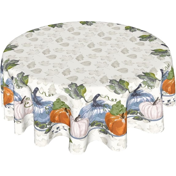 Fall Blue Pumpkin And Leaves Round Tablecloth 60 Inch Thanksgiving Tablecloths Autumn Harvest Table Cloth Farmhouse Rustic Polyester Cover for Holiday Kitchen Dining Party Indoor Outdoor Decor