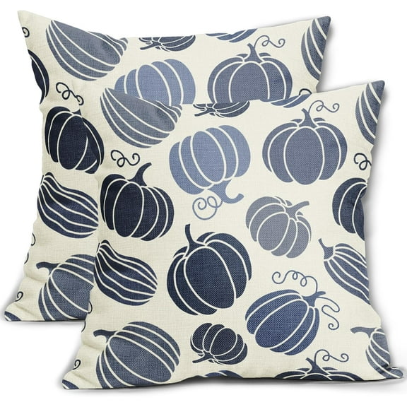 Fall Blue Pumpkin Pillow Covers 20x20 Set of 2 Autumn Themed Thanksgiving Cream Print Decorative Throw Pillows Outdoor Pillowcase Farmhouse Linen Cushion Case Decor for Home Sofa Couch Bed