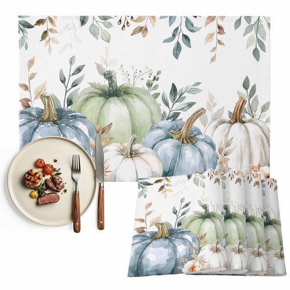 Fall Blue Pumpkin Placemats Set of 1 Green Eucalyptus Leaves Flowers Heat Insulated Linen Place Mats, Washable Stain-Proof Table Mats for Dining Tables Holiday Decor 13x19inch