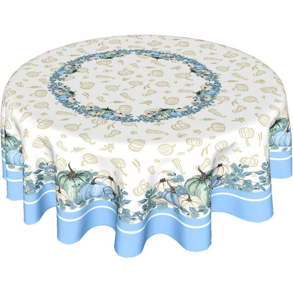 Fall Blue Pumpkin Round Table Cloth 60 Inch Farmhouse Autumn Harvest Round Tablecloth Fall Thanksgiving Decorative Table Cloth Seasonal Dining Table Cover for Home Kitchen Picnic Party