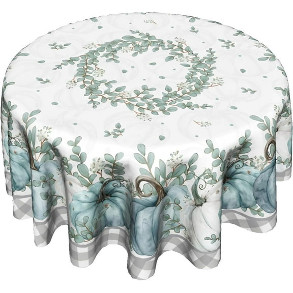 Fall Blue Pumpkin Round Tablecloth 60 Inch Harvest Thanksgiving Washable Table Cloth Buffalo Plaid Table Cover for Holiday Home Party Picnic