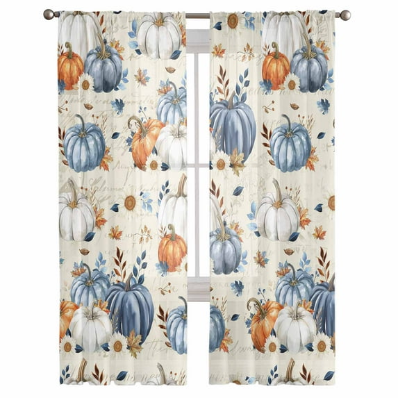 Fall Blue Pumpkin Semi Sheer Curtains 108 Inch Length 2 Panels Set,Thanksgiving Autumn Daisy Beige Vintage Sheer Kitchen Curtain Voile Window Curtain for Living Room Bedroom Rod Pocket Drapes