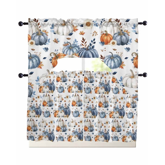 Fall Blue Pumpkin Swag Curtains for Living Room/Bedroom Windows, Thanksgiving Autumn Daisy Pastoral Kitchen Curtains and Valances Set 36 Inch Length, Light Filtering Swags Valance Curtain Panels