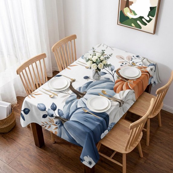 Fall Blue Pumpkin Table Cloth Waterproof Tablecloths, Thanksgiving Autumn Eucalyptus Leaves Tablecloth Dining Table Cover for Kitchen Party Tabletop Outdoor, Rectangle Tablecloth 60x102 Inch