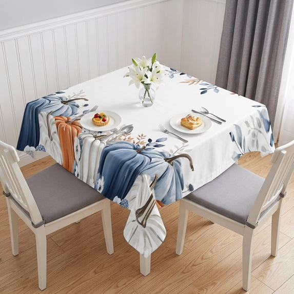 Fall Blue Pumpkin Table Cloth Waterproof Tablecloths, Thanksgiving Autumn Eucalyptus Leaves Tablecloth Dining Table Cover for Kitchen Party Tabletop Outdoor, Square Tablecloth 60x60 Inch
