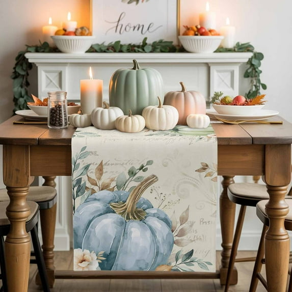 Fall Blue Pumpkin Table Runner, Autumn Thanksgiving Kitchen Dining Table Decoration for Home Party Decor 13x48 Inches