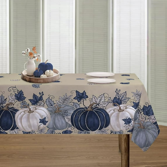 Fall Blue Pumpkin Tablecloth 60x84 Inch Rectangular,Leaves Thanksgiving Autumn Harvest Stain Resistant Table Cover for Holiday Party Picnic Dinner Farmhouse Decoration
