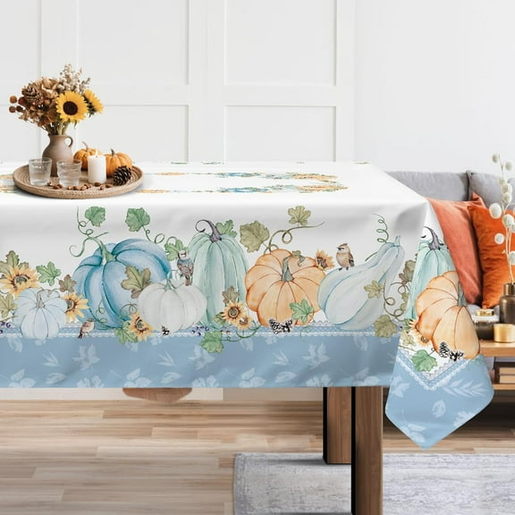 Fall Blue Pumpkin Tablecloth Waterproof, Thanksgiving Table Cloth Rectangle Stain Resistant, Washable Table Cover for Home Kitchen Dining Party Decoration (60×84 inch)