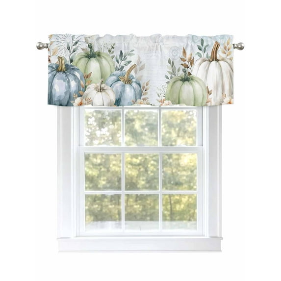 Fall Blue Pumpkin Valances for Windows Green Leaves White Flowers Letter Kitchen Valance Curtain Rod Pocket Small Curtains for Cafe Bathroom Laundry Basement 60" x 18"