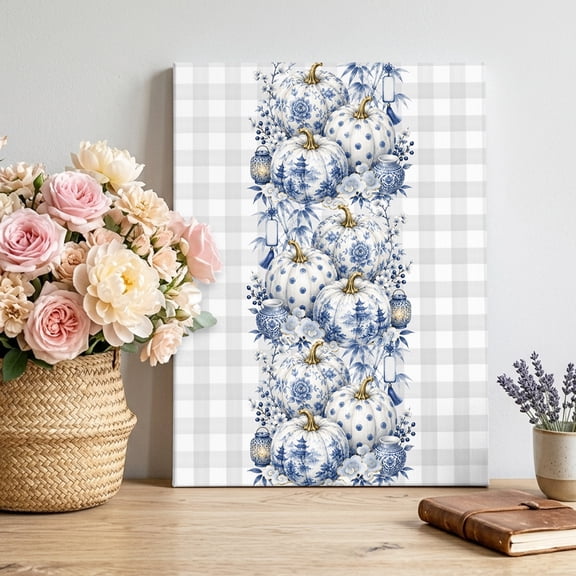 Fall Blue Pumpkins Canvas Wall Art, Harvest Porcelain Pumpkins Floral Grey Gingham Pictures Wall Decor Wooden Framed Artwork Art Prints for Living Room Hallway Bedroom Office 20"x24"
