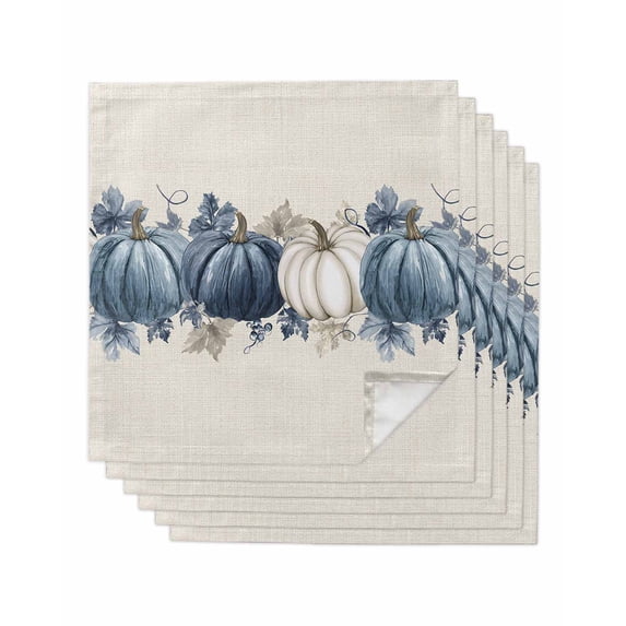 Fall Blue Pumpkins Cloth Napkins Set of 6 Reusable Dinner Napkins, Thanksgiving Autumn Leaf on Linen Cocktail Napkin Washable Table Napkins for Wedding/Holiday Party/Baby Shower 20"x20"