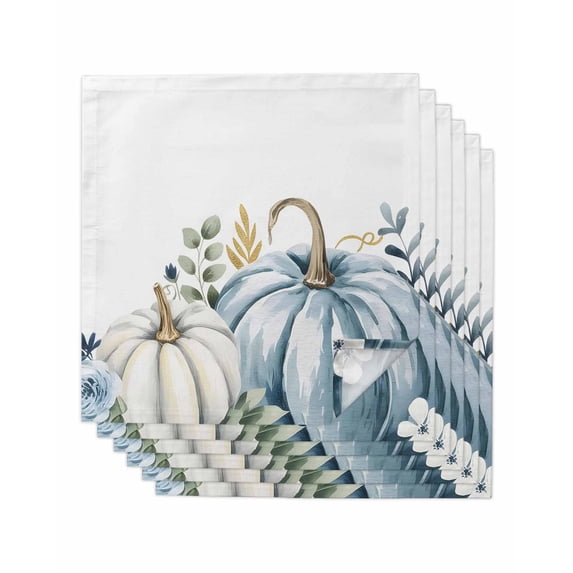 Fall Blue Pumpkins Cloth Napkins Set of 6 Reusable Dinner Napkins, Thanksgiving Flower Eucalyptus Leaves Cocktail Napkin Washable Table Napkins for Wedding/Holiday Party/Baby Shower 20"x20"