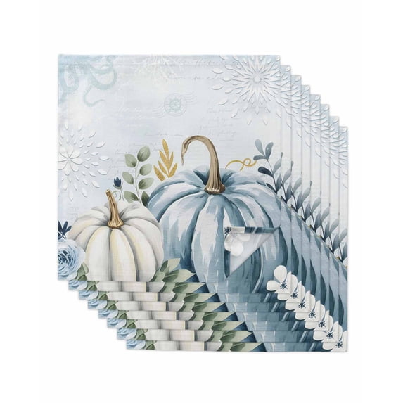 Fall Blue Pumpkins Cloth Napkins Set of 8 Reusable Dinner Napkins, Coastal Ocean Flower Eucalyptus Leaves Cocktail Napkin Washable Table Napkins for Wedding/Holiday Party/Baby Shower 20"x20"