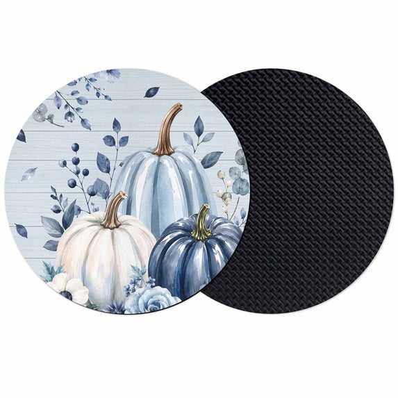 Fall Blue Pumpkins Coasters Set of 2, Absorbent Coasters for Drinks, Thanksgiving Floral Eucalyptus Farm Wooden Coaster for Desk Coffee Table Protection, Home Decor House Warming Gifts 4"
