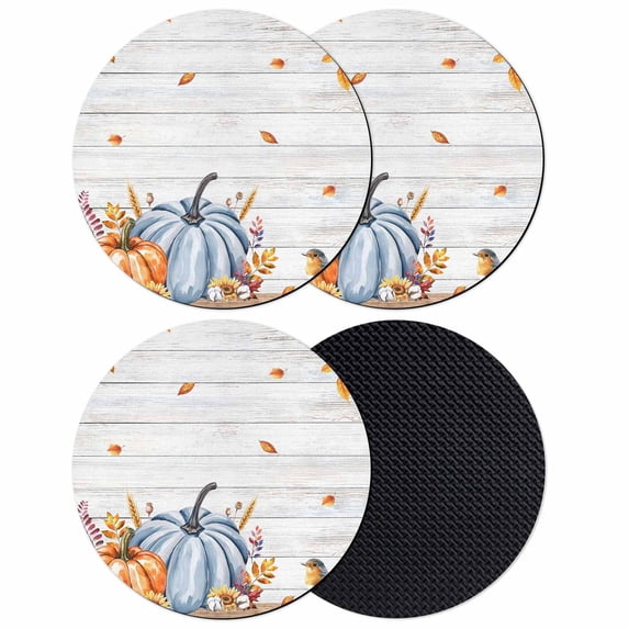 Fall Blue Pumpkins Coasters Set of 4, Absorbent Coasters for Drinks, Thanksgiving Autumn Leaves Farm Wood Coaster for Desk Coffee Table Protection, Home Decor House Warming Gifts 4"