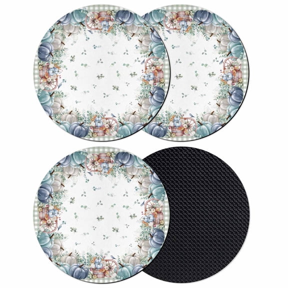 Fall Blue Pumpkins Coasters Set of 4, Absorbent Coasters for Drinks, Thanksgiving Eucalyptus Leaves Plaid Coaster for Desk Coffee Table Protection, Home Decor House Warming Gifts 4"
