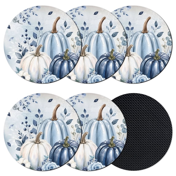 Fall Blue Pumpkins Coasters Set of 6, Absorbent Coasters for Drinks, Thanksgiving Floral Eucalyptus Berries Coaster for Desk Coffee Table Protection, Home Decor House Warming Gifts 4"