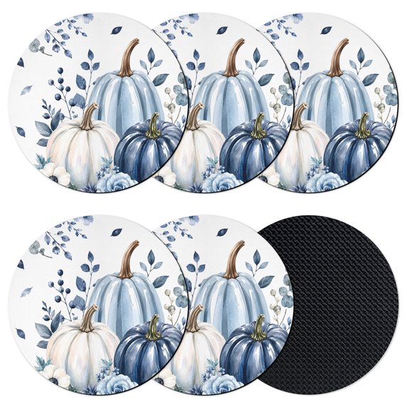 Fall Blue Pumpkins Coasters Set of 6, Absorbent Coasters for Drinks, Thanksgiving Floral Rustic Eucalyptus Coaster for Desk Coffee Table Protection, Home Decor House Warming Gifts 4"