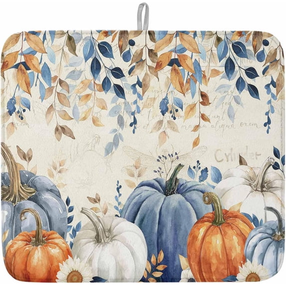 Fall Blue Pumpkins Dish Drying Mat for Kitchen Counter, Retro Botanical Fall Baby Bottle Microfiber Drying Pad, Orange Thanksgiving Absorbent Coffee Cup Dishes Drainer Mats