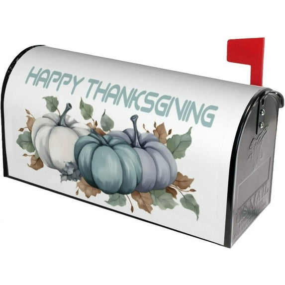 Fall Blue Pumpkins Leaves Mailbox Covers, Thanksgiving Magnetic Post Box Cover Wraps Large Size 25.5x21 in for Garden Yard Decor