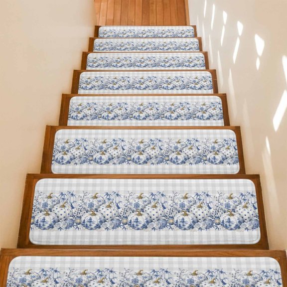 Fall Blue Pumpkins Non-Slip Stair Treads for Wooden Steps, 15 Pack 8x30 Inches Carpet Stair Mats with Adhesive Backing, Noise-Reducing Step Covers for Indoor Stairs, Easy to Install & Residue-Free