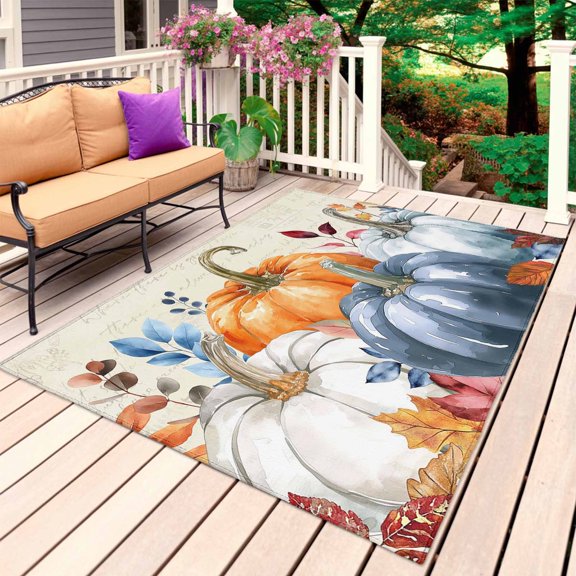 Fall Blue Pumpkins Outdoor Rug 6x9 Ft, Non Slip Washable Area Rug, Thanksgiving Eucalyptus Ruatic Auumn Leaf Patio Rugs Carpet Runner, Large Floor Mat for Indoor/Outdoor Deck Porch Camping