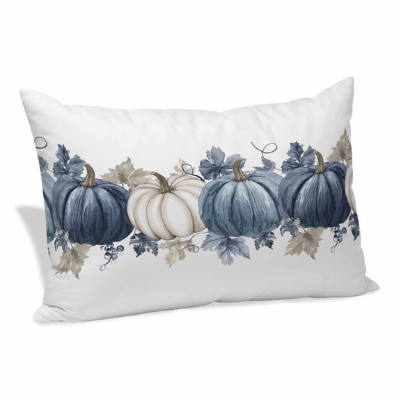 Fall Blue Pumpkins Pillow Covers, Linen Long Throw Pillow Case, Thanksgiving Autumn Watercolor Leaf Holiday Pillow Protector Decorative Cushion Cover for Living Room/Bedroom 20" x 26"