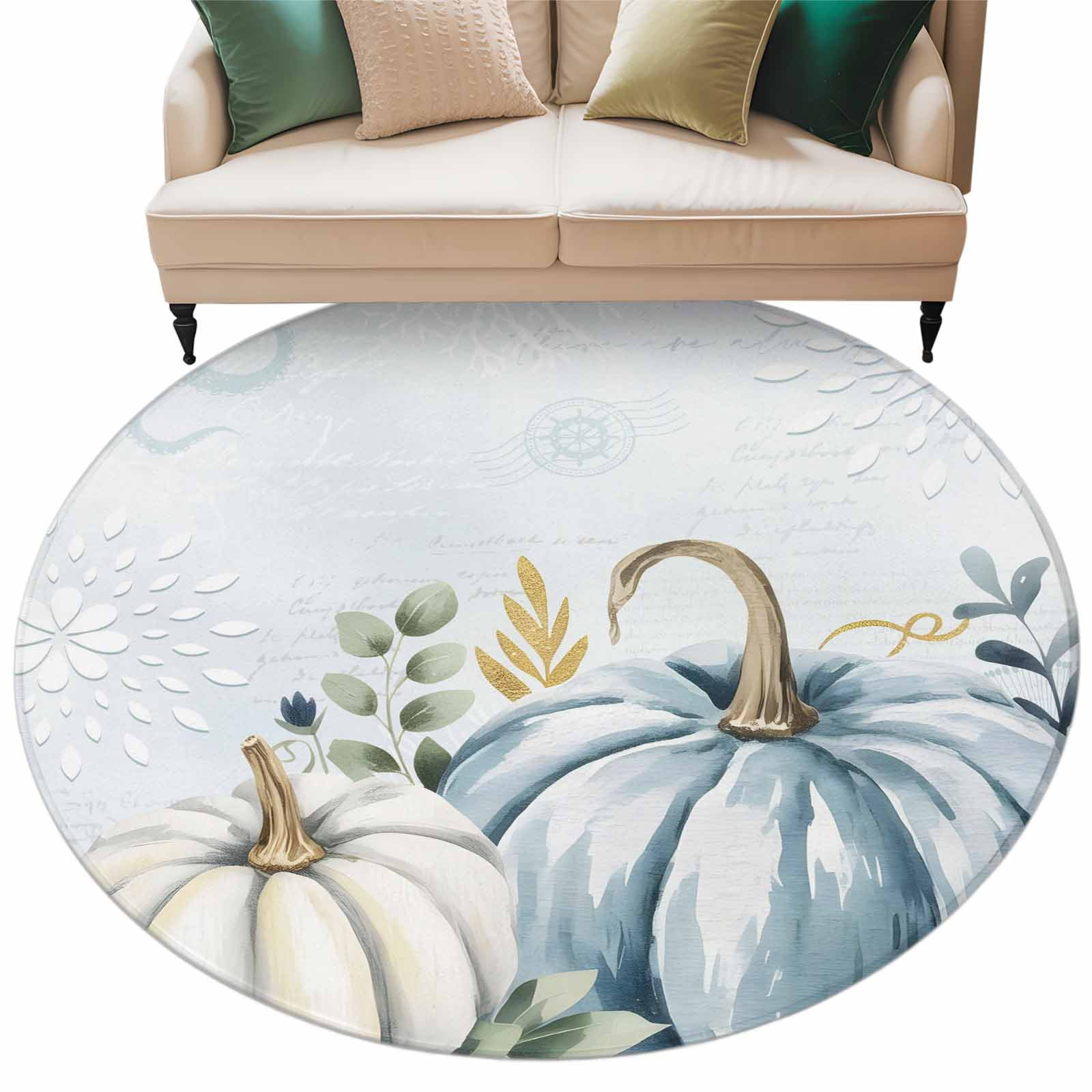 Fall Blue Pumpkins Round Area Rug 5ft Washable Large Round Rug for ...