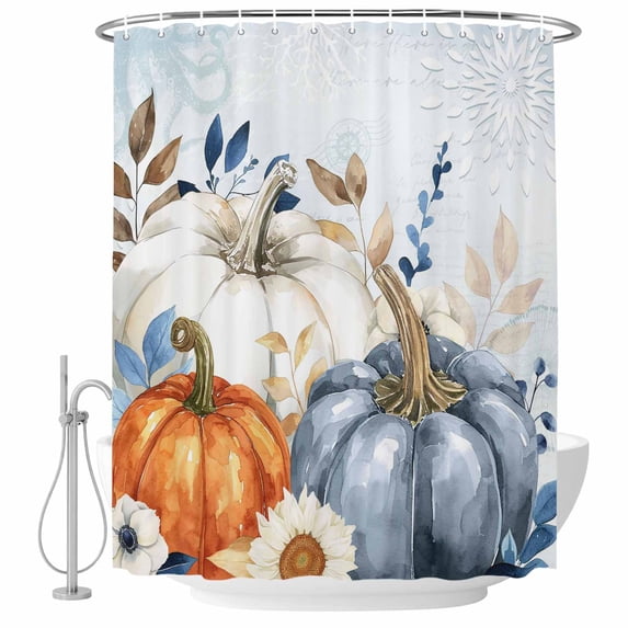 Fall Blue Pumpkins Shower Curtain, Waterproof Shower Curtains for Bathroom, Thanksgiving Eucalyptus Leaves Autumn Washable Fabric Bathtub Curtain Set Bath Decor with 12 Hooks 48"x72"