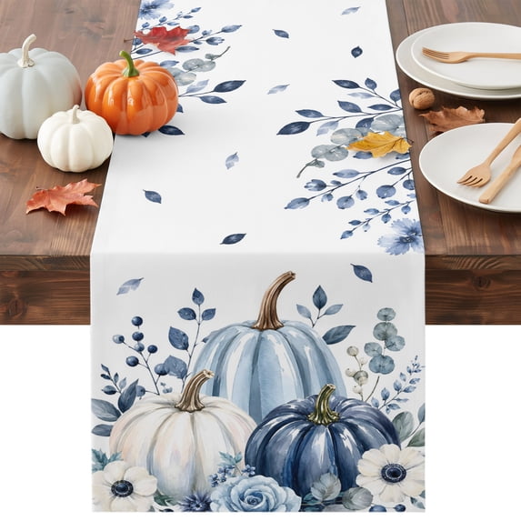 Fall Blue Pumpkins Table Runner - 60 Inch Long Thanksgiving Floral Rustic Eucalyptus Cotton and Linen Blended Dress Scarves Farmhouse Table Runner for Kitchen Dining, Coffee Table, 13" x 60"