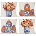thumbnail image 1 of Fall Blue and White Chinoiserie Throw Pillow Covers 18x18 Inch Ginger Jar Blue and Orange Pumpkin Outdoor Grand Millenial Autumn Decorations Decorative Pillow Cases Set of 4 for Couch Decor, 1 of 6