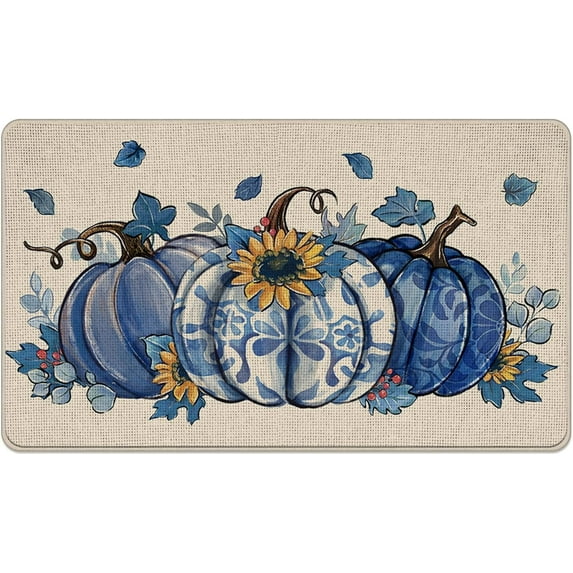 Fall Blue and White Porcelain Pumpkin Decorative Front Door Mat, Autumn Chinoiserie Doormat Indoor Outdoor Non-Slip Floor Entryway Rug, Thanksgiving Sunflower Home Kitchen Decoration 17x29 Inch
