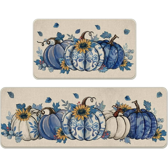 Fall Blue and White Porcelain Pumpkin Kitchen Rugs Set of 2, Autumn Sunflower Kitchen Mats Decor, Thanksgiving Seasonal Floor Door Mat Home Decorations - 17x30 and 17x47 Inch